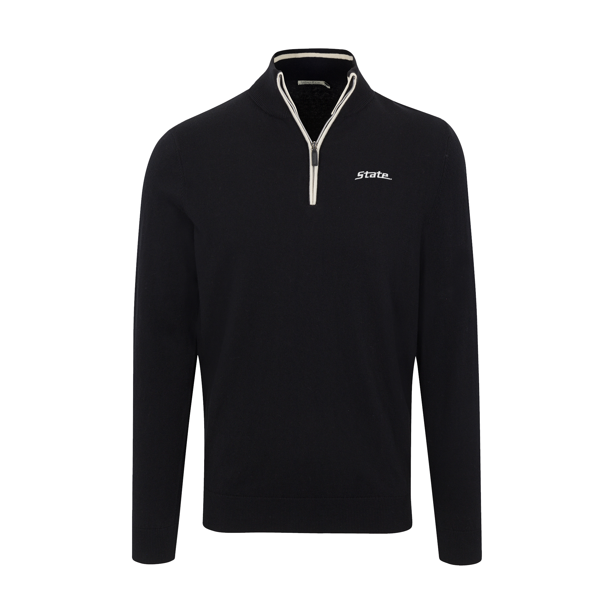 Michigan State Black with White Trim Luxury Touch Cotton and Cashmere Quarter Zip Sweater
