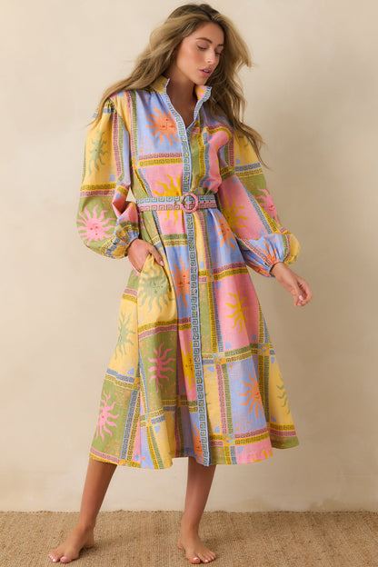 Paradisa Anna Maria Multi Sun Print Linen Blend Midi Dress