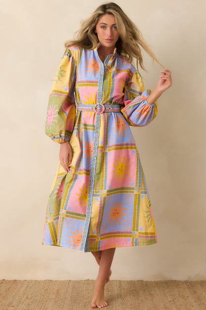 Paradisa Anna Maria Multi Sun Print Linen Blend Midi Dress