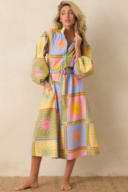 Paradisa Anna Maria Multi Sun Print Linen Blend Midi Dress