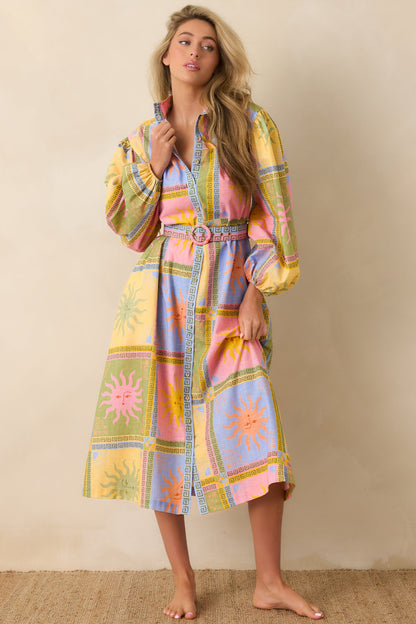 Paradisa Anna Maria Multi Sun Print Linen Blend Midi Dress