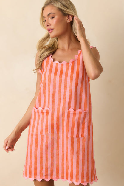 Paradisa Calypso Pink & Orange Stripe Linen Blend Mini Dress