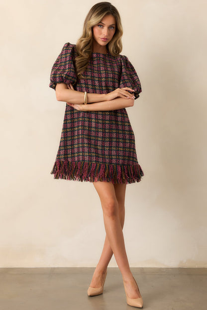 Prosperina Cecelia Pink Multi Plaid Tweed Mini Dress