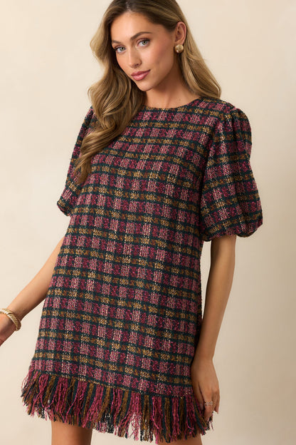 Prosperina Cecelia Pink Multi Plaid Tweed Mini Dress