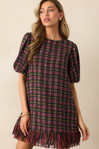 Prosperina Cecelia Pink Multi Plaid Tweed Mini Dress