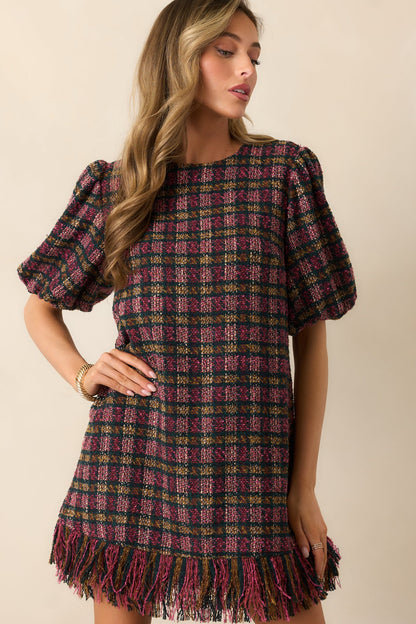 Prosperina Cecelia Pink Multi Plaid Tweed Mini Dress