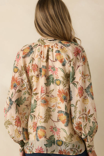 Fields of Grace Beige Multi Floral Print Cotton Bow Blouse