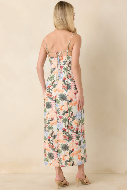 Sipping Under the Palms Multi Tropical Print Bead Detail Midi Dress