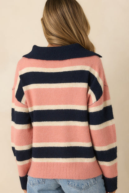 Well Played Navy & Mauve Brushed Knit Striped V-Neck Collared Sweater