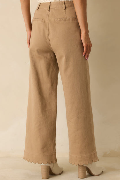 Set For The Day Camel Cotton Scalloped Wide Leg Pants