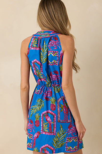 Greetings From the Coast Blue Multi Cotton Tropical Mosaic Print Mini Dress