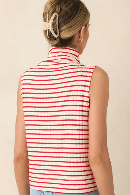 Keep It In Line Red Stripe Mockneck Sleeveless Top