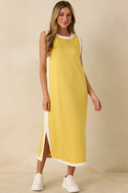 Perfectly Framed Yellow Jersey Knit Contrast Trim Sleeveless Maxi Dress
