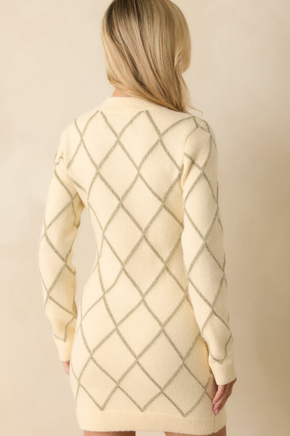 Bright On Arrival Ivory Knit Metallic Argyle Sweater Dress