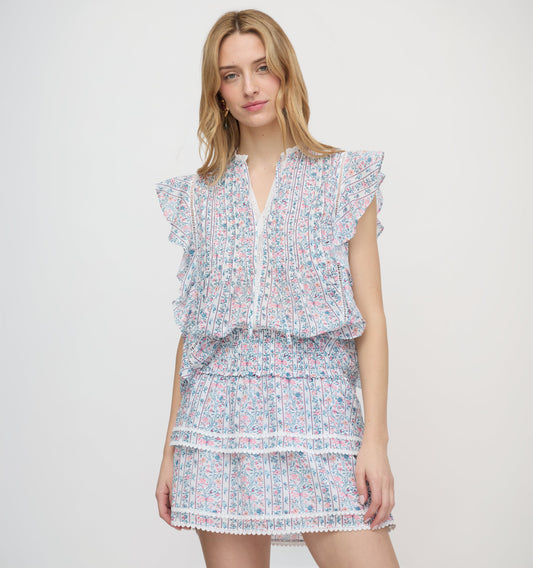 The Ramona Top - White Etched Floral Stripe