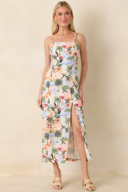 Sipping Under the Palms Multi Tropical Print Bead Detail Midi Dress