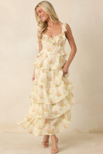 ASTR The Label Adessa Yellow Floral Ruffle Tiered Maxi Dress