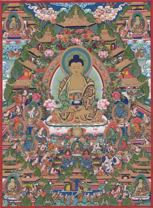 Amitabha in Pure Land - Tibetan thangka painting, front view