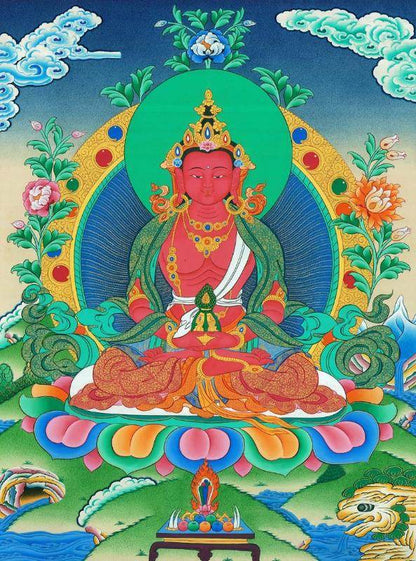 Amitayus - the Buddha of Longevity - Tibetan thangka painting, front view