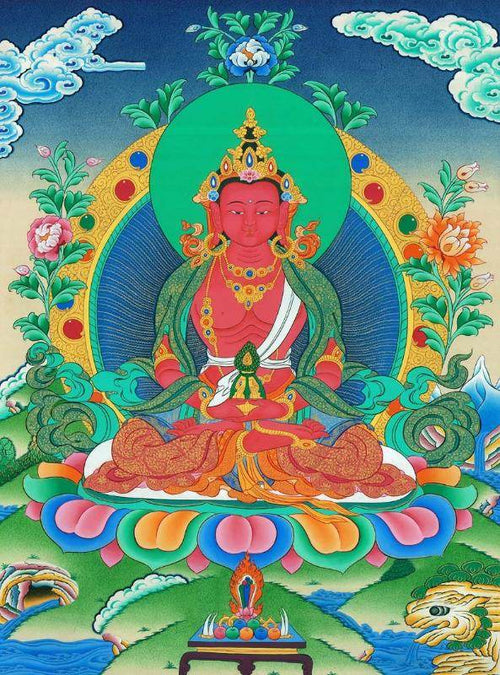 Amitayus - the Buddha of Longevity - Tibetan thangka painting, front view