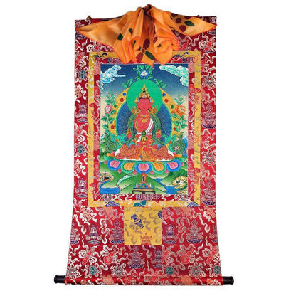 Amitayus - the Buddha of Longevity - Tibetan thangka painting, detailed view