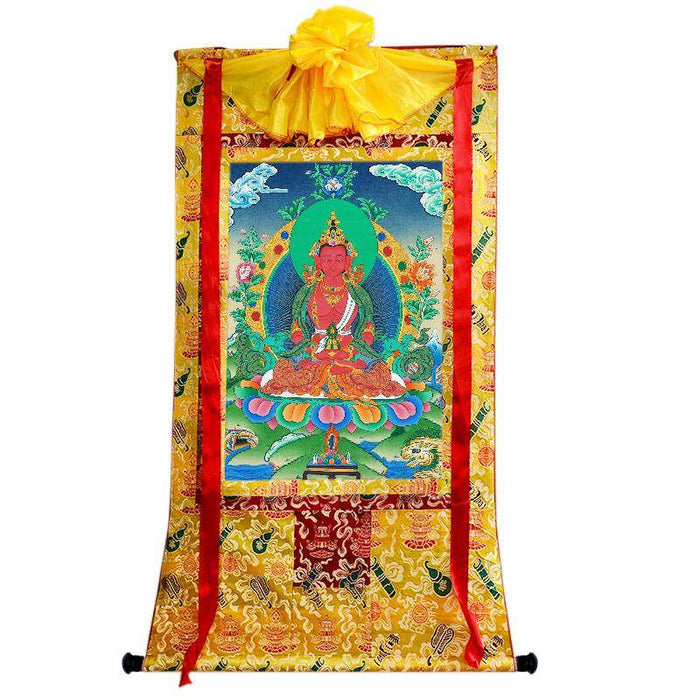 Amitayus - the Buddha of Longevity - Tibetan thangka painting, close-up detail