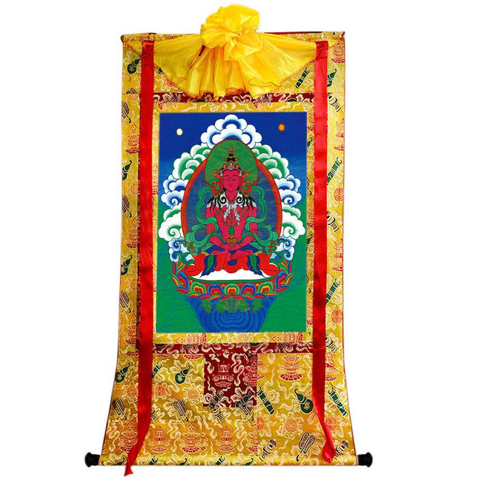 Amitayus - the Buddha of Longevity - Tibetan thangka painting, close-up detail