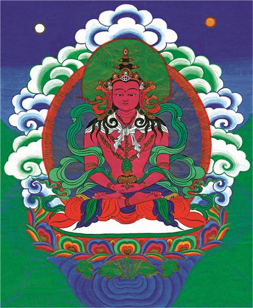 Amitayus Image - Tibetan thangka painting, front view