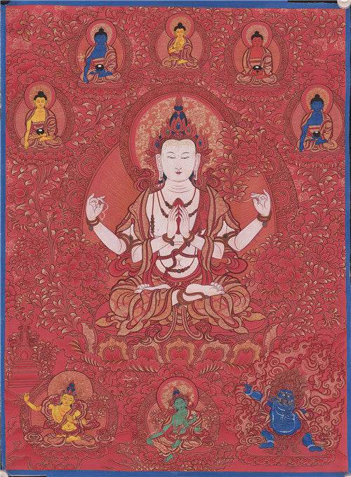 Chenrezig Image - Tibetan thangka painting, front view