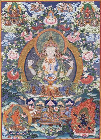 Chenrezig Image - Tibetan thangka painting, front view