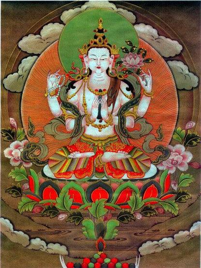Chenrezig Image - Tibetan thangka painting, front view
