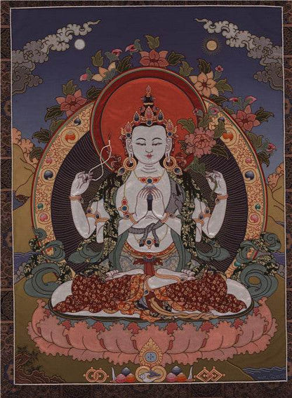 Chenrezig Image - Tibetan thangka painting, front view
