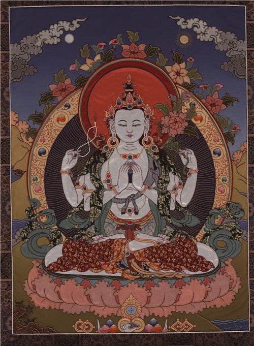 Chenrezig Image - Tibetan thangka painting, front view