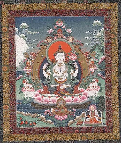 Chenrezig Image - Tibetan thangka painting, front view