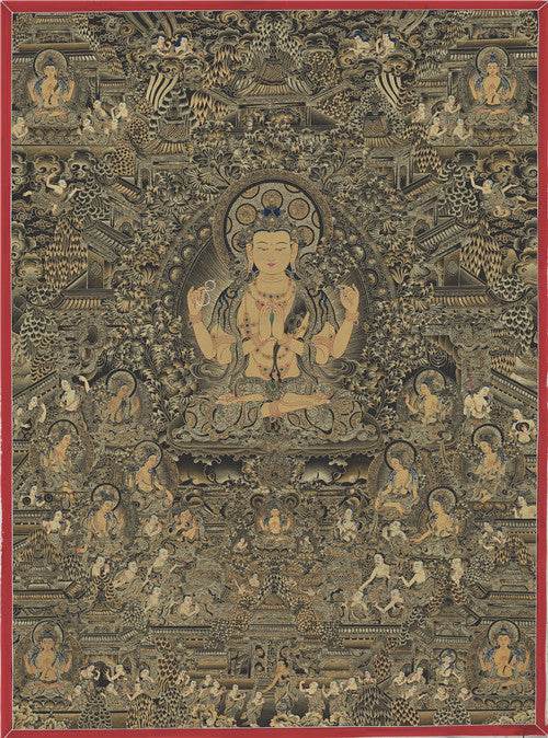 Chenrezig Image - Tibetan thangka painting, front view