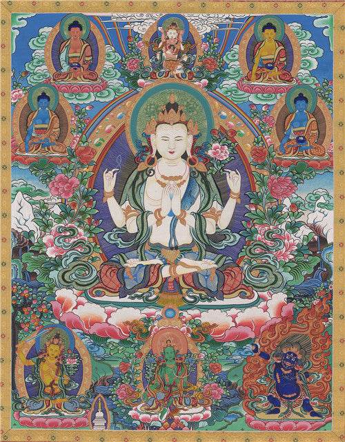 Chenrezig Image - Tibetan thangka painting, front view