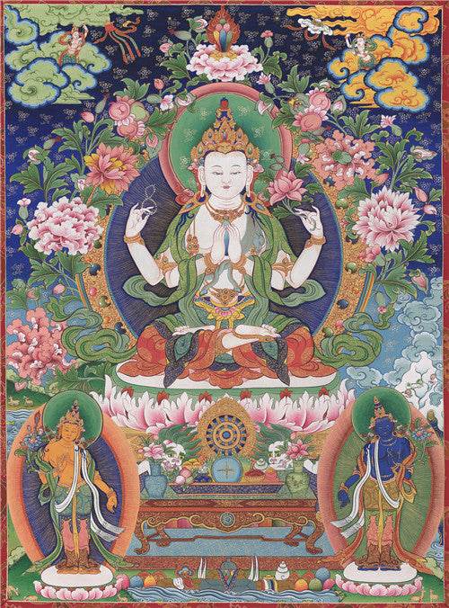 Chenrezig Image - Tibetan thangka painting, front view
