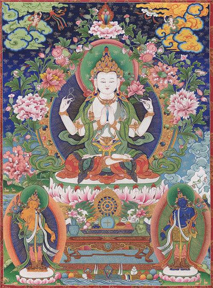 Chenrezig Image - Tibetan thangka painting, front view