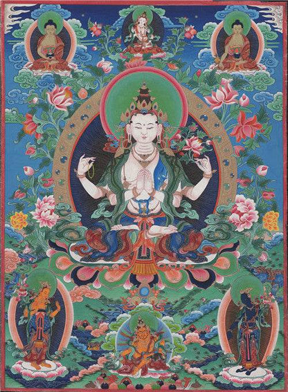 Chenrezig Image - Tibetan thangka painting, front view