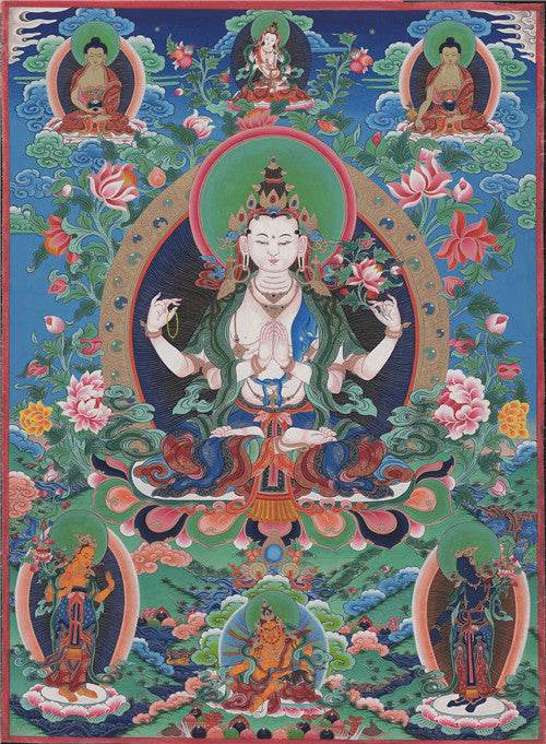 Chenrezig Image - Tibetan thangka painting, front view