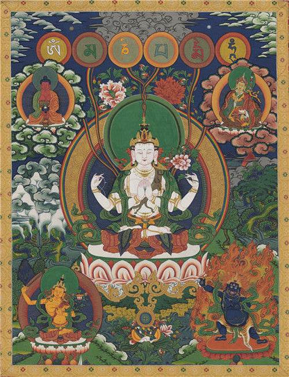 Chenrezig Image - Tibetan thangka painting, front view