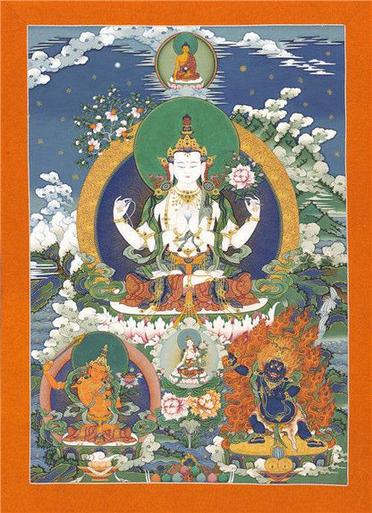 Chenrezig Image - Tibetan thangka painting, front view