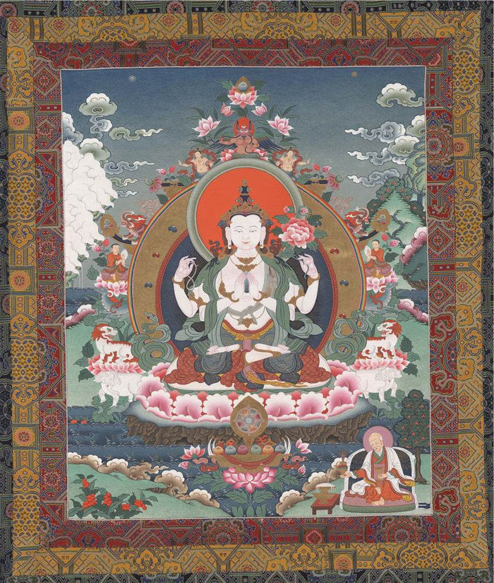 Chenrezig - Tibetan thangka painting, front view