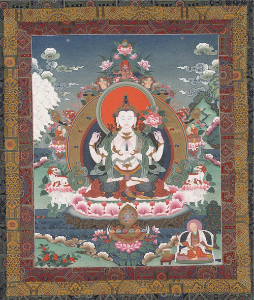 Chenrezig - Tibetan thangka painting, front view