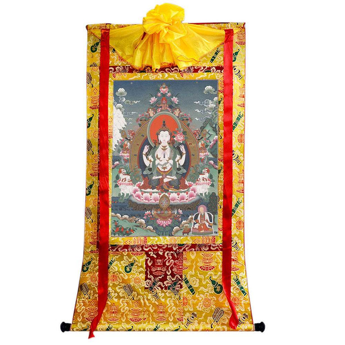 Chenrezig - Tibetan thangka painting, close-up detail