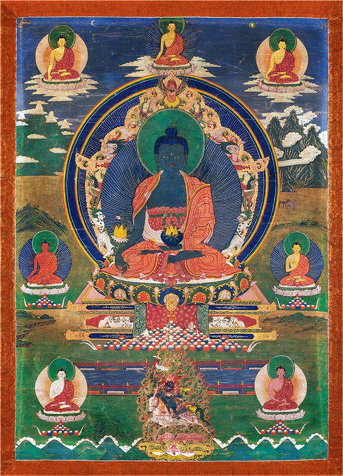 Medicine Buddha Image - Tibetan thangka painting, front view