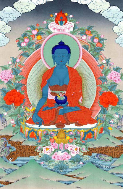 Bhaisajyaguru - Medicine Buddha - Tibetan thangka painting, front view