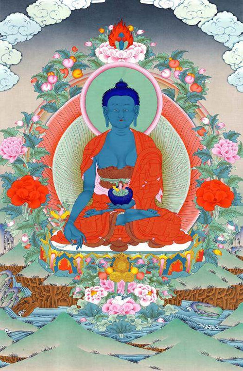 Bhaisajyaguru - Medicine Buddha - Tibetan thangka painting, front view