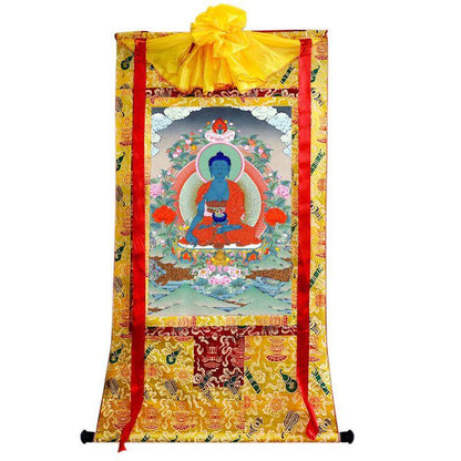 Bhaisajyaguru - Medicine Buddha - Tibetan thangka painting, close-up detail