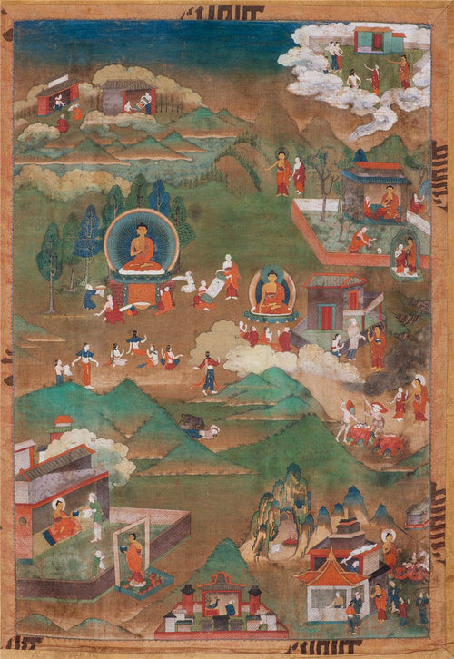 Biography of Shakyamuni Thangka - Tibetan thangka painting, front view